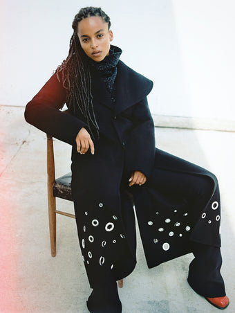 Proenza Schouler Campaign Image of model wearing Alix Coat in Compact Melton Wool
