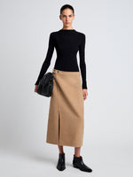 Proenza Schouler Front full length image of model wearing Adrian Skirt in Brushed Wool in CAMEL