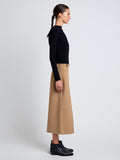 Proenza Schouler Side full length image of model wearing Adrian Skirt in Brushed Wool in CAMEL