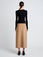 Proenza Schouler Back full length image of model wearing Adrian Skirt in Brushed Wool in CAMEL