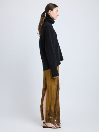 Proenza Schouler Side image of model wearing Alaina Skirt in Viscose Fringe Knit in chestnut