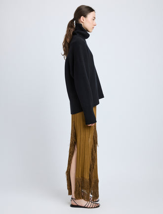 Proenza Schouler Side image of model wearing Alaina Skirt in Viscose Fringe Knit in chestnut