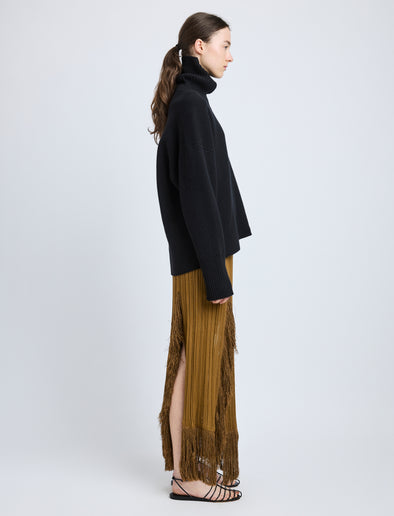 Proenza Schouler Side image of model wearing Alaina Skirt in Viscose Fringe Knit in chestnut