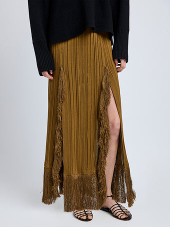 Proenza Schouler Detail image of model wearing Alaina Skirt in Viscose Fringe Knit in chestnut