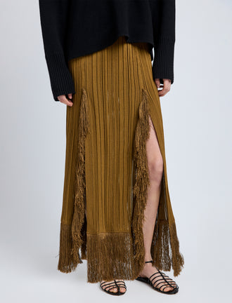 Proenza Schouler Detail image of model wearing Alaina Skirt in Viscose Fringe Knit in chestnut
