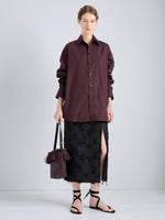 Proenza Schouler Full Length Front Image of model wearing Alia Top in Classic Cotton Shirting in Aubergine