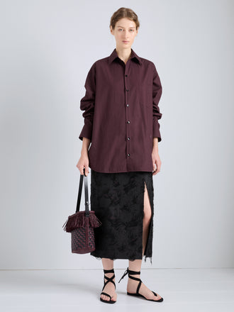Proenza Schouler Full Length Front Image of model wearing Alia Top in Classic Cotton Shirting in Aubergine