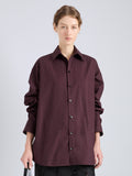 Proenza Schouler Cropped Front Image of model wearing Alia Top in Classic Cotton Shirting in Aubergine