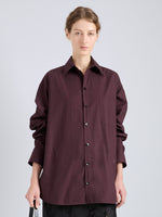 Proenza Schouler Cropped Front Image of model wearing Alia Top in Classic Cotton Shirting in Aubergine