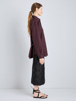 Proenza Schouler Full Length Side Image of model wearing Alia Top in Classic Cotton Shirting in Aubergine