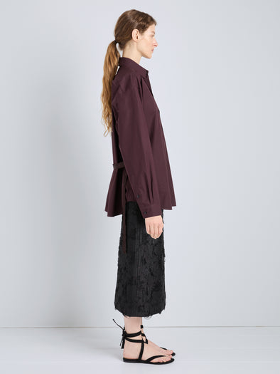 Proenza Schouler Full Length Side Image of model wearing Alia Top in Classic Cotton Shirting in Aubergine