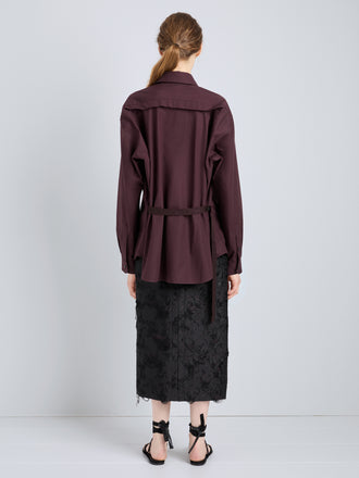 Proenza Schouler Full Length Back Image of model wearing Alia Top in Classic Cotton Shirting in Aubergine