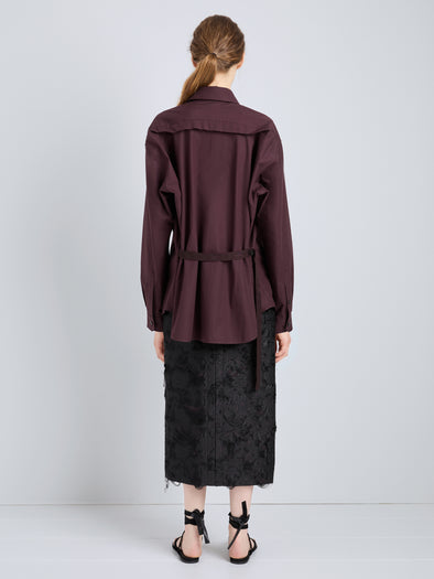 Proenza Schouler Full Length Back Image of model wearing Alia Top in Classic Cotton Shirting in Aubergine