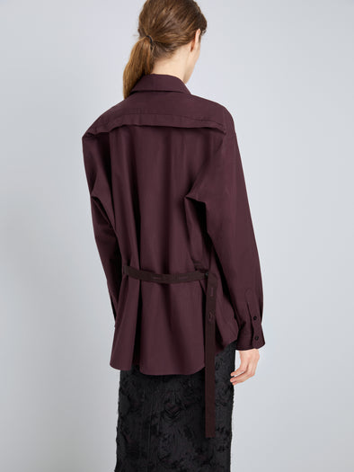 Proenza Schouler Detail Image of model wearing Alia Top in Classic Cotton Shirting in Aubergine