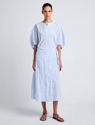 Proenza Schouler Front full length image of model wearing Alicia Dress in Crinkled Cotton Gabardine in SKY BLUE