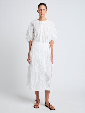 Proenza Schouler Front full length image of model wearing Alicia Dress in Crinkled Cotton Gabardine in WHITE