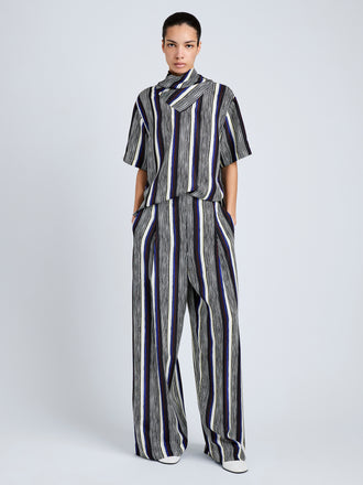 Proenza Schouler Full Length Front Image of model wearing Amira Top in Printed Silk Habotai in Black Multi