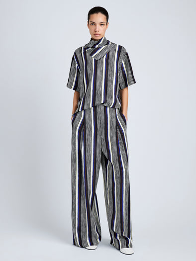 Proenza Schouler Full Length Front Image of model wearing Amira Top in Printed Silk Habotai in Black Multi