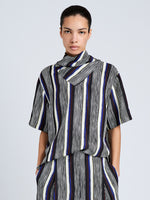 Proenza Schouler Cropped Front Image of model wearing Amira Top in Printed Silk Habotai in Black Multi