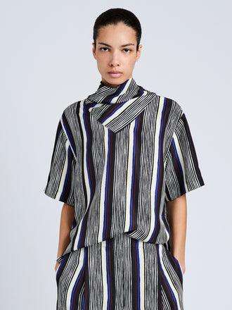 Proenza Schouler Cropped Front Image of model wearing Amira Top in Printed Silk Habotai in Black Multi