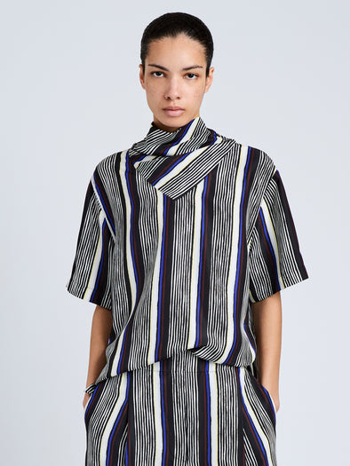 Proenza Schouler Cropped Front Image of model wearing Amira Top in Printed Silk Habotai in Black Multi