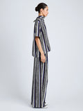 Proenza Schouler Full Length Side Image of model wearing Amira Top in Printed Silk Habotai in Black Multi