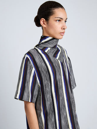 Proenza Schouler Detail Image of model wearing Amira Top in Printed Silk Habotai in Black Multi