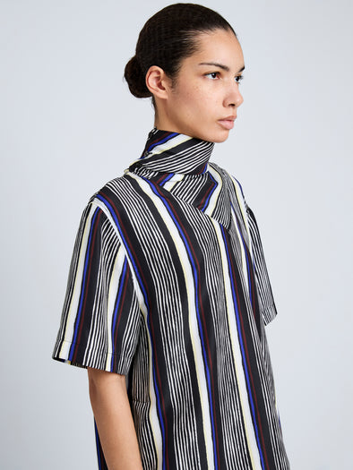 Proenza Schouler Detail Image of model wearing Amira Top in Printed Silk Habotai in Black Multi