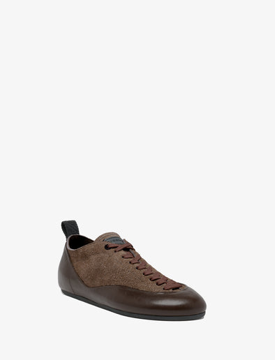Proenza Schouler front 3/4 image of Arcadia Sneakers in Chocolate with light brown laces