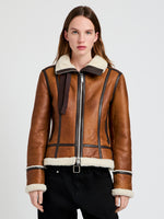 Proenza Schouler Front cropped image of model wearing Arlo Jacket in Leather Back Shearling in umber