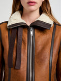 Proenza Schouler Detail image of model wearing Arlo Jacket in Leather Back Shearling in umber