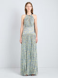 Proenza Schouler Full Length Image of model wearing Aveline Dress in Pleated Sheer Printed Jersey in Yellow Multi 