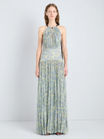 Proenza Schouler Full Length Image of model wearing Aveline Dress in Pleated Sheer Printed Jersey in Yellow Multi 