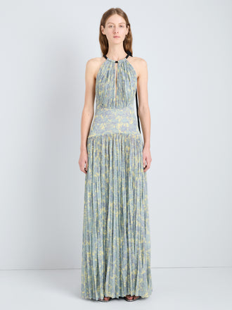 Proenza Schouler Full Length Image of model wearing Aveline Dress in Pleated Sheer Printed Jersey in Yellow Multi 