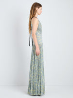 Proenza Schouler Full Length Side Image of model wearing Aveline Dress in Pleated Sheer Printed Jersey in Yellow Multi 