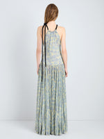 Proenza Schouler Full Length Back Image of model wearing Aveline Dress in Pleated Sheer Printed Jersey in Yellow Multi 