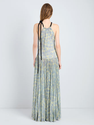 Proenza Schouler Full Length Back Image of model wearing Aveline Dress in Pleated Sheer Printed Jersey in Yellow Multi 