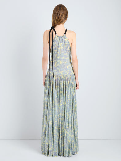 Proenza Schouler Full Length Back Image of model wearing Aveline Dress in Pleated Sheer Printed Jersey in Yellow Multi 