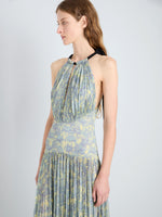 Proenza Schouler Detail Image of model wearing Aveline Dress in Pleated Sheer Printed Jersey in Yellow Multi 