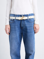 Cropped Image of model wearing Monogram Belt in cream