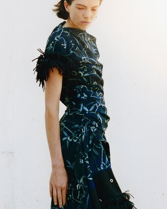 Proenza Schouler Campaign Image of model wearing Bodine Dress in Printed Stretch Cady 