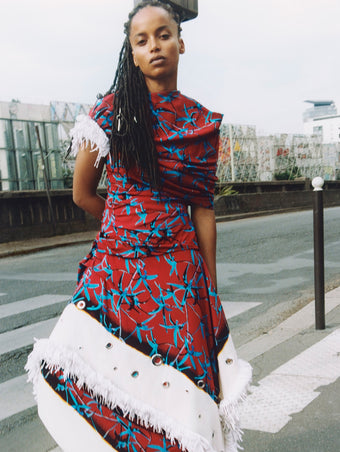 Proenza Schouler Campaign image of model wearing Bodine Dress in Printed Stretch Cady 

