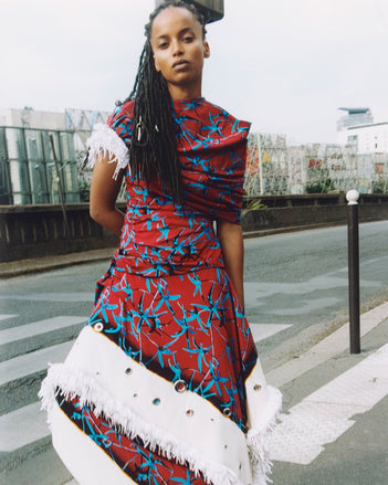 Proenza Schouler Campaign image of model wearing Bodine Dress in Printed Stretch Cady 
