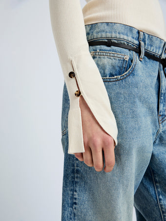 Proenza Schouler Detail image of model wearing the Belle Top in Silk Cashmere in Offwhite 