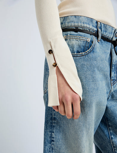 Proenza Schouler Detail image of model wearing the Belle Top in Silk Cashmere in Offwhite 