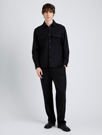 Proenza Schouler Front full length image of model wearing Beni Shirt in Jersey Flannel in Black