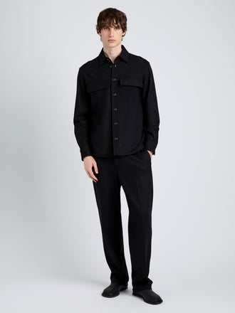 Proenza Schouler Front full length image of model wearing Beni Shirt in Jersey Flannel in Black