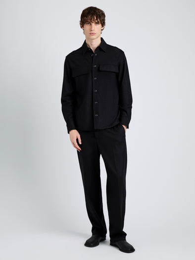 Proenza Schouler Front full length image of model wearing Beni Shirt in Jersey Flannel in Black