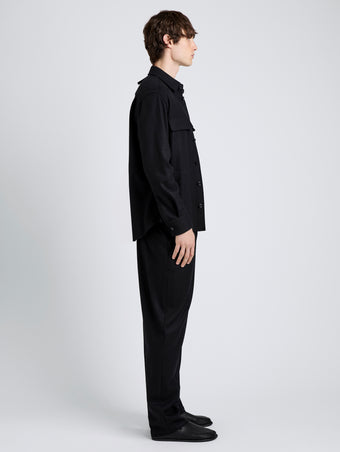 Proenza Schouler Side full length image of model wearing Beni Shirt in Jersey Flannel in Black