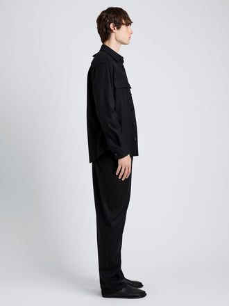 Proenza Schouler Side full length image of model wearing Beni Shirt in Jersey Flannel in Black